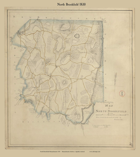 North Brookfield 1830 Town Plan - Old Roads Reprint Restored Massachusetts Archives Ma