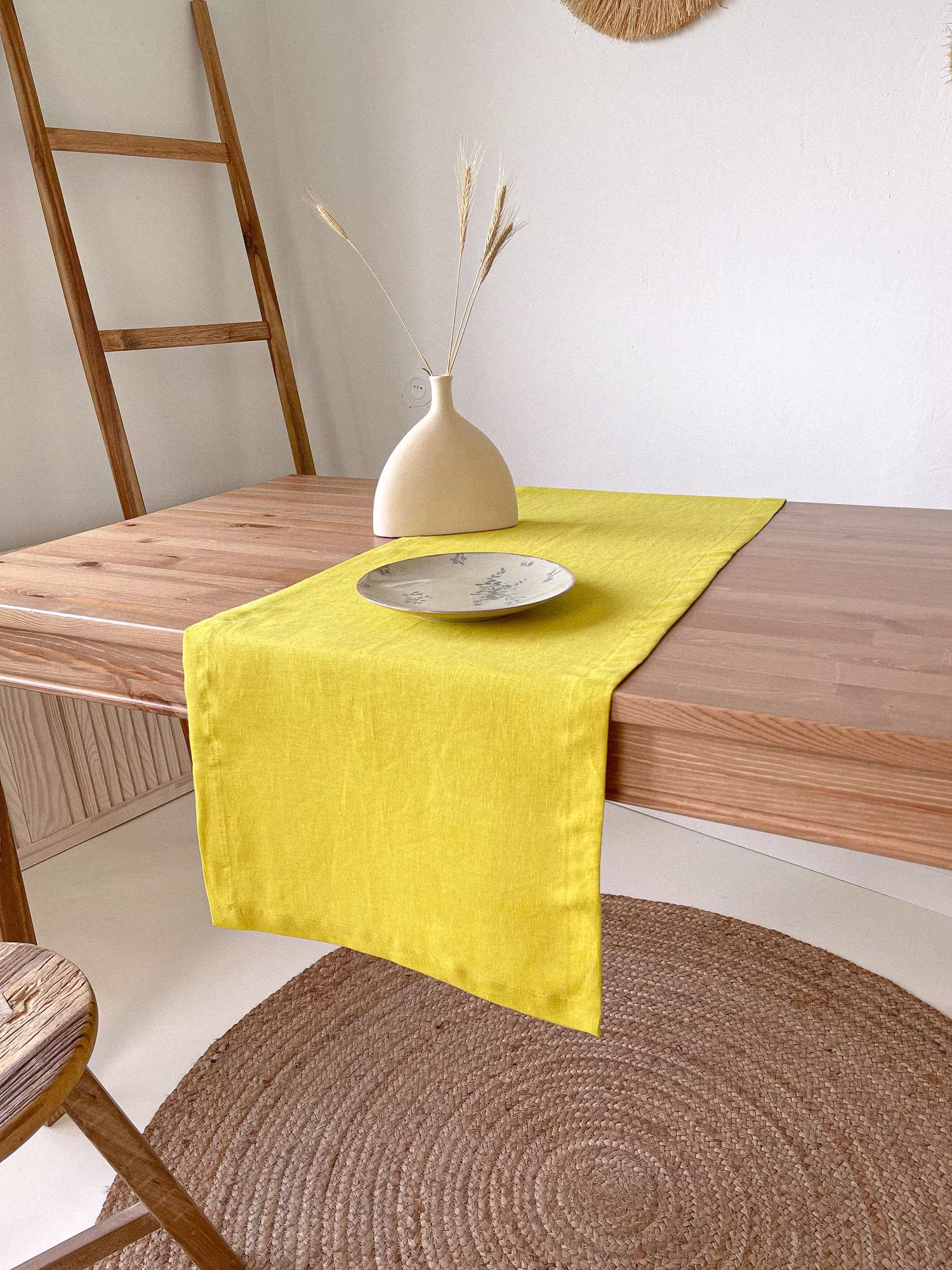 Yellow Vintage Table Linen Runner, Handmade Summer Chartreuse Coffee Runner