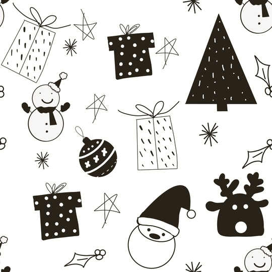 Monochrome Christmas Fabric By The Yard | Santa Claus Reindeer Snowmen Tree Holiday Ornaments Organic