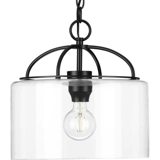 Leyden Collection 1-Light Matte Black Clear Glass Transitional Mini-Pendant Hanging Light - 13 in x 13 in x 13 in