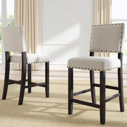 2 Pieces Rustic Linen Footrest Wooden Counter Height Chairs Upholstered Dining Chairs with Bronze Nailheads