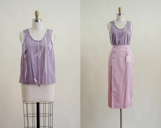 Pink Purple Wrap Skirt Set | 80S 90S Vintage Polished Cotton Pastel Floral Tank Top & Pencil 2 Piece