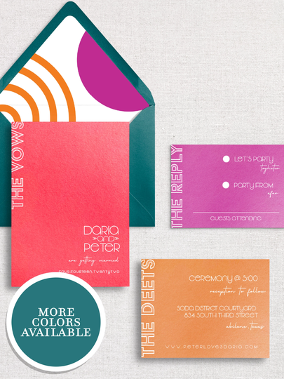 Colorful Retro Wedding Invitation | Pink, Purple & Orange Invite Bold Color Block Wedding Invitation Set With Retro Envelope