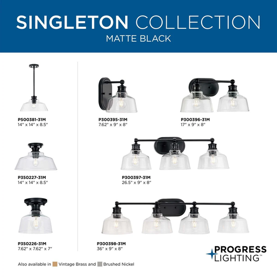 Singleton Collection 1-Light 14 in. Matte Black Medium Semi-Flush Mount Light with Clear Glass Shade