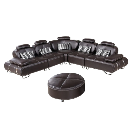 Faux Leather Upholstered Wooden Sectional Sofa and Ottoman with Symmetrical Design,Set of Six,Brown
