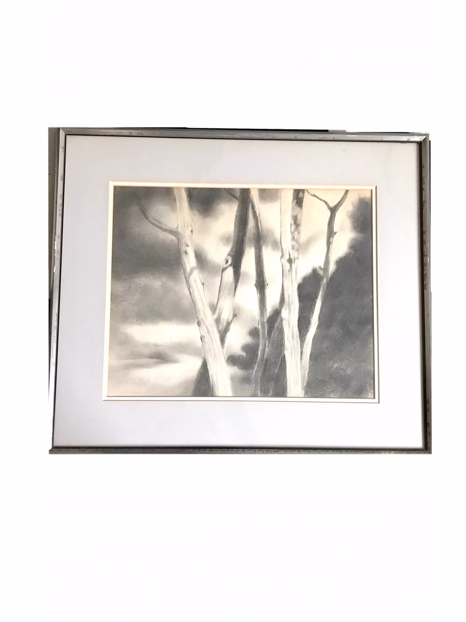 Signed Vintage 1970S Forest Tree Black White Original Pencil Drawing/Framed Gray Nature Branches Wall Art