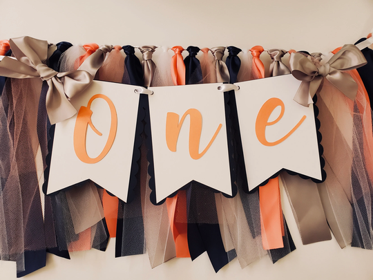 Navy & Coral High Chair Banner. One Banner. First Birthday Garland. Party Decorations. Tulle Ribbon
