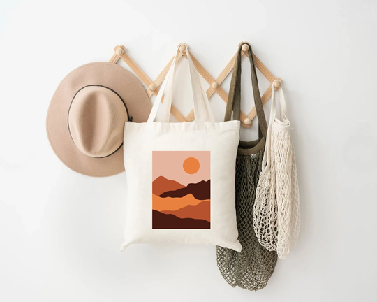 Abstract Sun Mountain Landscape Tote Bag | Boho Nature Art