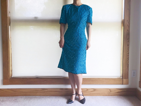 Vintage Sequin Dress Cocktail Formal Midi Pencil Size S/M