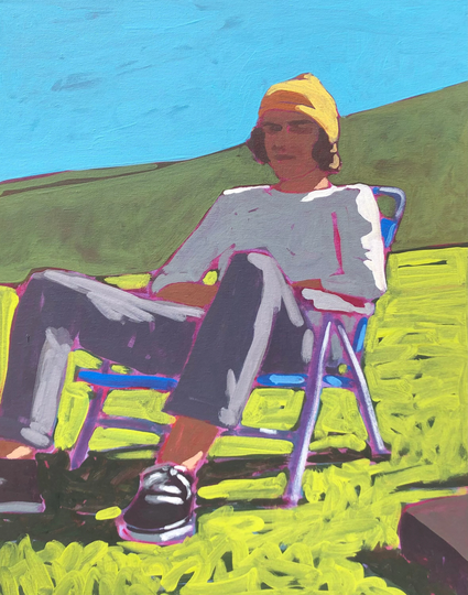 Man in Chair #12 - Original Acrylic Painting On Canvas 16 X 20 Green, Field, Shadow, Figurative, Fine Art, Gallery Wall, Michael Van