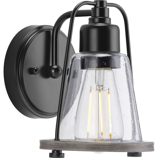 Conway Collection 1-Light Matte Black Clear Seeded Glass Farmhouse Wall Light