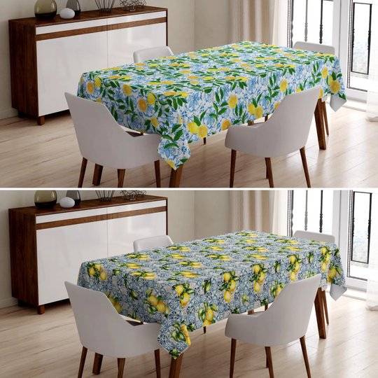 Lemon & Tile Tablecloth, Citrus Table Cover, Yellow Blue Dining Textile, Home Textile Gift, Housewarming Gift For Her