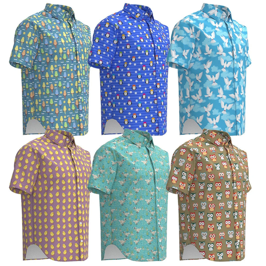 Birds Budgie Budgerigar Parakeet Chicks Chicken Owl Penguin Dodo Dove Animal Pattern Motives Nature Short Sleeve Collar Button Shirt