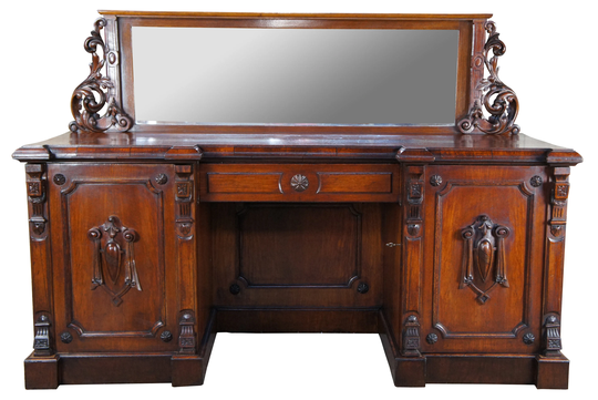Antique William Iv Carved Oak Pedestal Sideboard & Mirror Buffet Server Barback