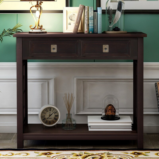 Console Table with 2 Drawers and Bottom Shelf,Sofa Table (Espresso)