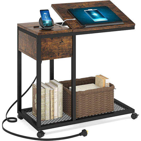 C Shaped Table with Outlet and USB Ports, Couch Side Table with Charging Station