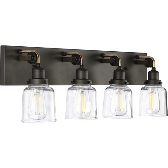 Rushton Collection Four-Light Graphite Clear Glass Farmhouse Bath Vanity Light - 32 in x 6 in x 9.5 in