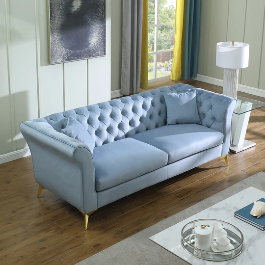 Elegant 3 Seater Sofa Velvet Upholstered Chesterfield Bench Couches, Luxurious Plush Decorate Sofa with 2 Square Accent Pillows