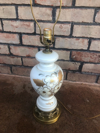 Vintage Table Lamp, Hand Painted Light, Gold & White, Floral Reading Occasional Glass Home Decor