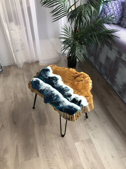 Round Live Edge Table, Coffee Ocean Epoxy Resin Custom Beach Table
