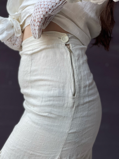 Antique Linen Ecru Pencil Skirt-Miniskirt-1930S-1940S-Talon Zipper-White-Vintage Walking Skirt