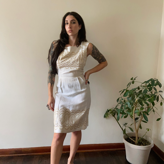 60's White Embroidered Pencil Dress