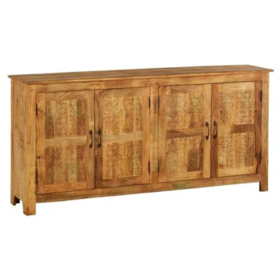 76 Inch Rustic Reclaimed Wood Hand Carved 4 Door Print Block Sideboard