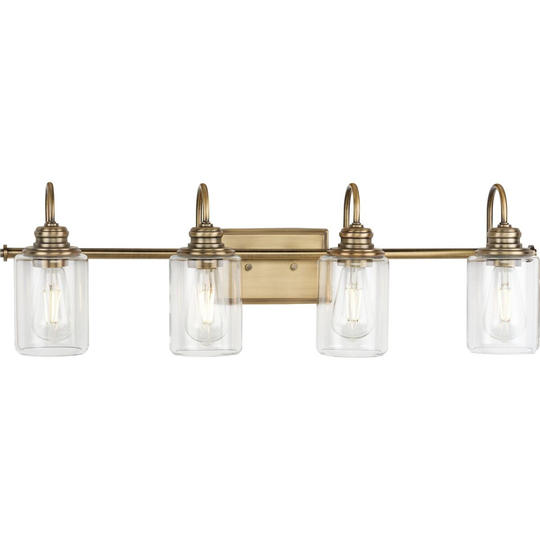 Aiken Collection 4-Light Vintage Brass Clear Glass Vintage Bath Vanity Light