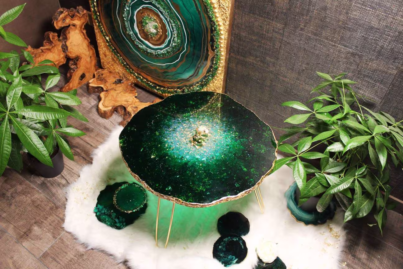 Green Glow Epoxy Table, Resin Shiny Crystal Like Geode Natural, Golden Leg Home Decor Room Decoration Housewarming Gift Coffee Table