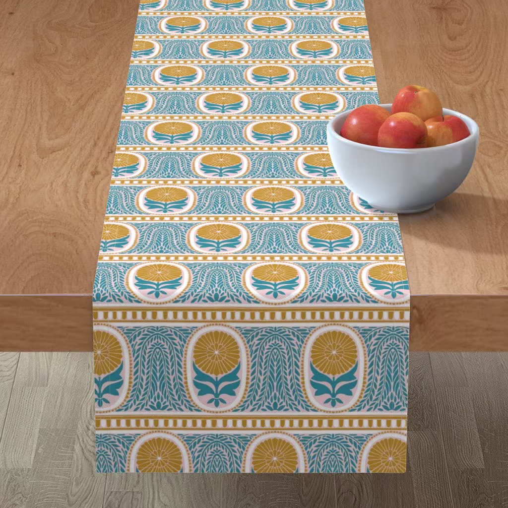 Folk Style Floral Table Runner - Sunflower Joy By Lauren O'neill Art Flower Stripe Petal Solids Cotton Sateen Spoonflower