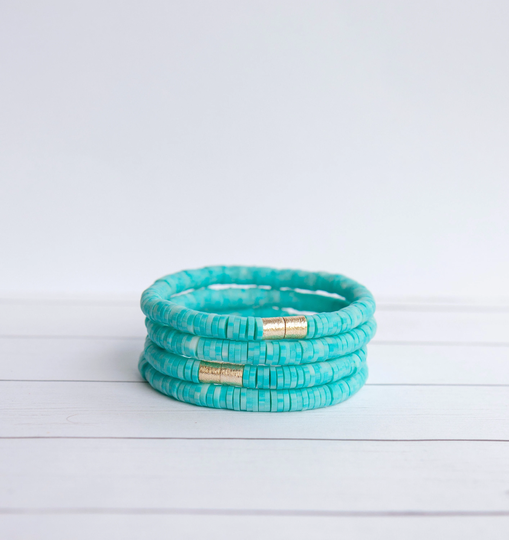 Speckled Blue Clay Disc Stretch Bracelet | 6mm 1 Beachy Polymer Stackable Gift For Her