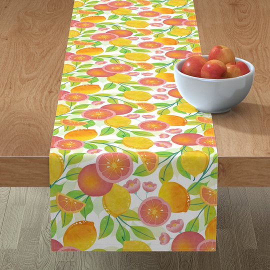 Citrus Fruit Table Runner - Bright Summer By Adenaj Grapefruit Oranges Lemons Pink Cotton Sateen Spoonflower