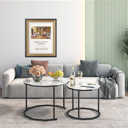 Nesting Coffee Tables Set of 2 for Living Room, Modern Accent Sofa Side Table with Faux Marble Table Top and Metal Frame
