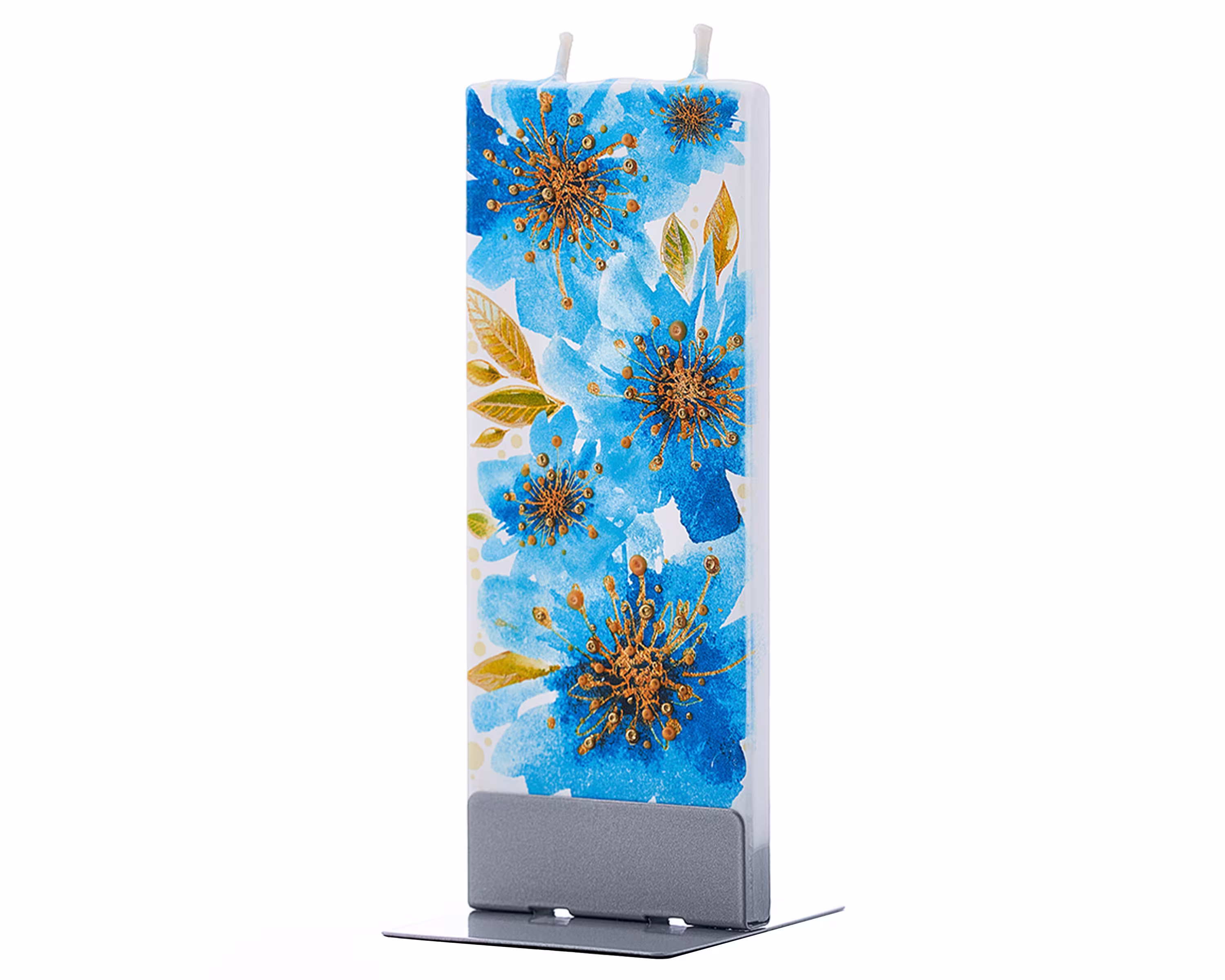 Hand Painted Flat Candle | Blue & Gold Flowers Small Unique Gift Spring Floral Shelf Décor
