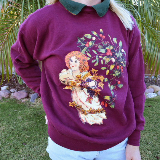 Autumn Harvest With Angelic Lady Artsy Fall Sweatshirt Burgundy Maroon Green Collar Gold Trim 90S Napa Wine Art Thanksgiving Size Medium