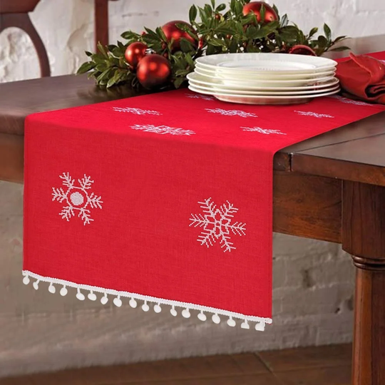 OurWarm Christmas Embroidered Table Runner White Snowflakes Table Linens for Christmas Decorations 16 x 72 Inch