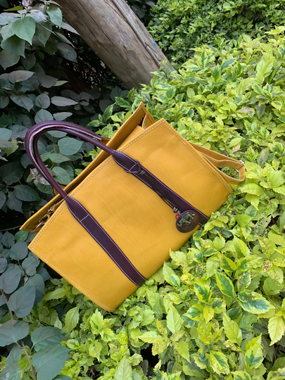 Valentine Gift, Gift For Her, Her, Leather Overnight Bag, Leather Handbag, Mustard Color Handbag With Maasai Beaded Decor