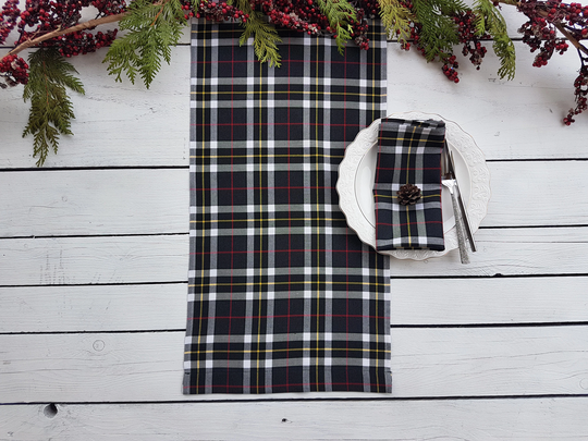 Black Plaid Table Runner -, Tartan, Check, Green, White, Yellow, Black