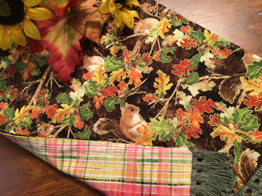 Fall Table Runner Woodsy Animals Autumn Plaid Thanksgiving Squirrel Decor
