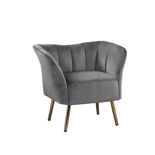 Transitional Style Design Velvet Fabric Accent Chair with Channel Tufting Barrel Backrest and Gold Metal Spindle Legs