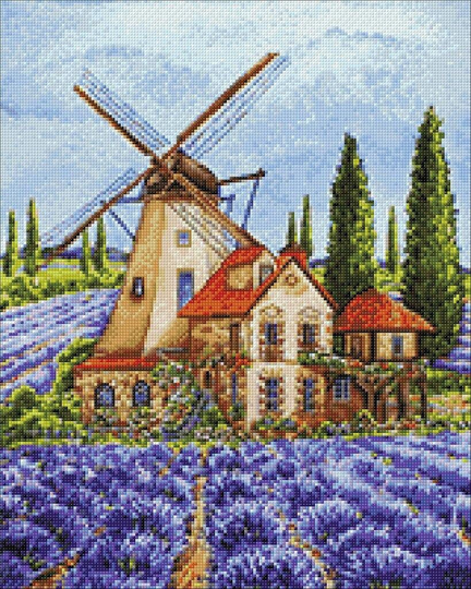 Windmill With Lavender Field Diamond Painting Set By Wizardi. Cs2579 Art Kit. Flower Fields Kit