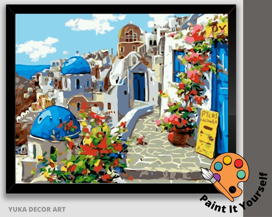 Greece Paint By Number Kit For Adults Beginner, Diy Art Kit, Santorini Holiday, Blue Domes, Acrylic Painting, Wall Decor