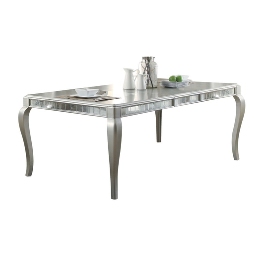 Mirror Accented Wooden Dining Table with Cabriole Legs, Champagne Silver