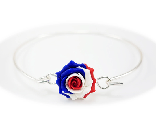 Red White & Blue Rose Sterling Silver Bangle Bracelet | Flower July 4 Independence Day