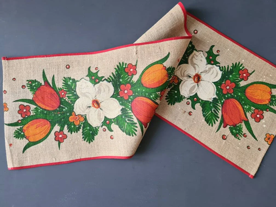 Danish Vintage Burlap Table Runner - With Flower Print in Green & Red/Orange Colors. Made 70S Denmark, Perhaps By Sødahl Or Inka Print