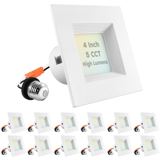 Luxrite 12-Pack 4" Square LED Recessed Can Light 14W=75W 5 Color Option 950 Lumens Dimmable Wet Rated Baffle Trim