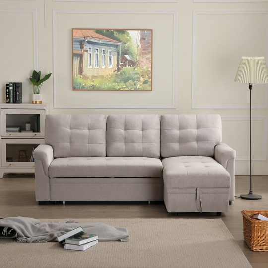 86" Modern Reversible Pull-Out Sleeper Sofa Design Tufted Cushion Fabric Chaise Longue with Storge Space & Eucalyptus Frame