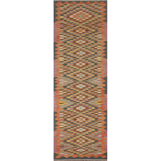 Southwestern Kilim Runner Rug Hand-Woven Multi-Color Wool Carpet - 2'8" x 9'9"