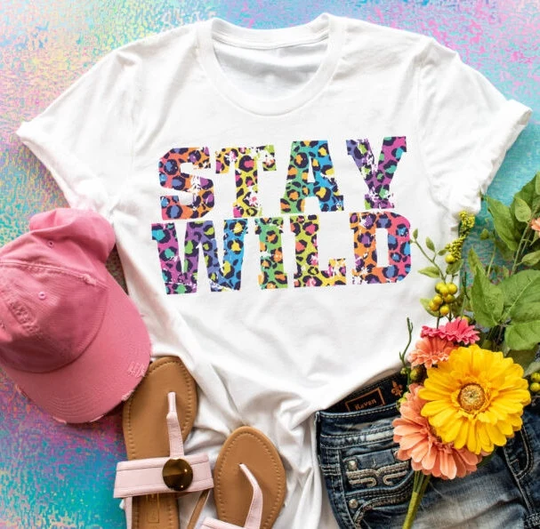 Stay Wild Colorful Leopard Print Tee, Quote Tees, Statement Retro Gifts, Teen Girl Bold T-Shirts