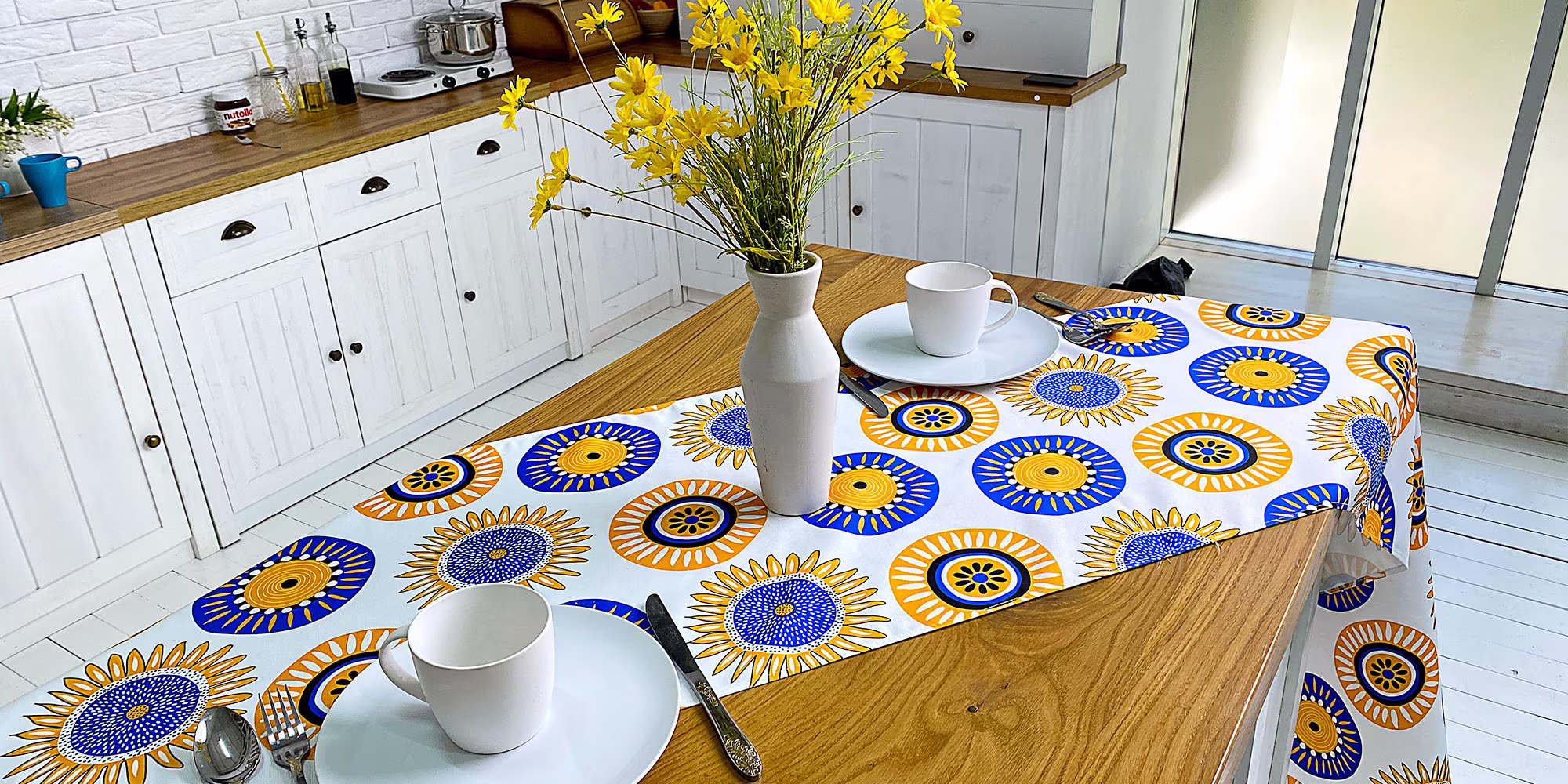 Ukrainian Sunflower Table Runner | Custom Water Repellent Fabric Made in Ukraine Shops Farmhouse